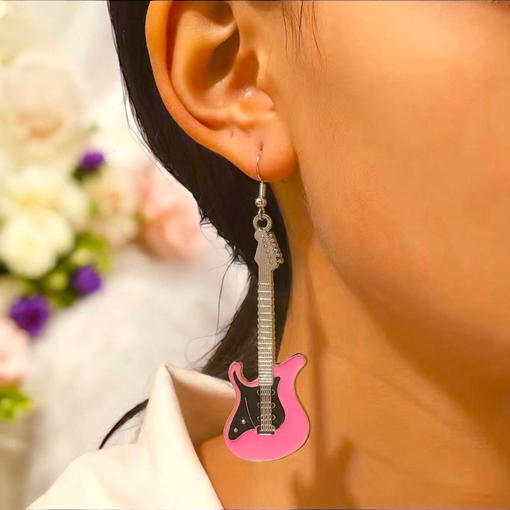 Electric guitar silver plated pink dangle drop earrings faux fashion jewelry‎